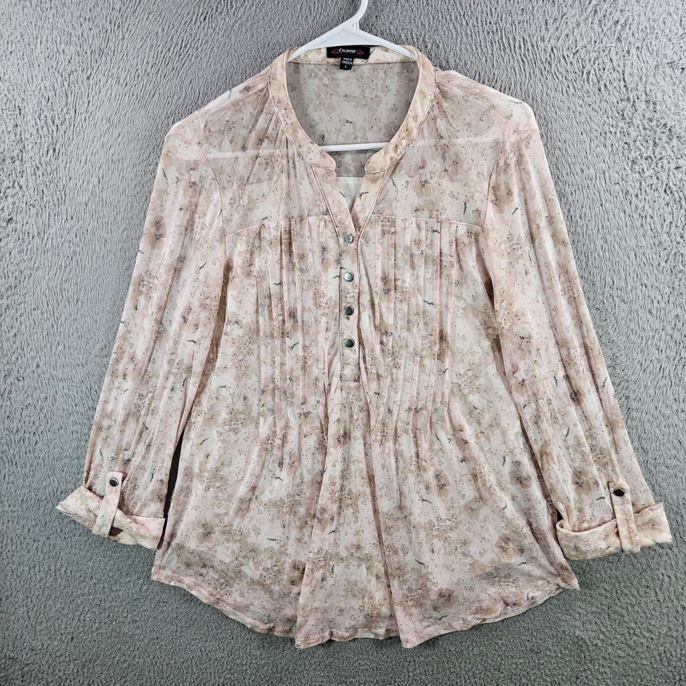 Cocomo Womens Floral Mesh Pleated Blouse Pink Tan Button Front Large